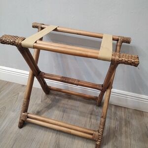 Vtg Bamboo Rattan Folding Luggage Rack Butler Tray Stand Boho Coastal Core